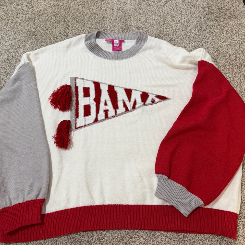QUEEN OF SPARKLES Red, White & Gray Colorblock 'BAMA' Crewneck Sweater